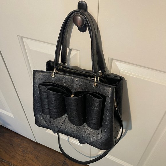 Black Vegan Ostritch Leather Purse with Bow - Picture 1 of 5